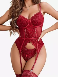 Lingerie Corset Lace Up Dark Navy Mesh Lace Bustier With Knee-high Socks