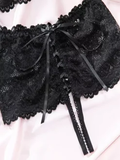 Lingerie Cupless Lace Black Bra Panty 2-Piece Sets