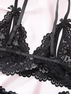 Lingerie Cupless Lace Black Bra Panty 2-Piece Sets