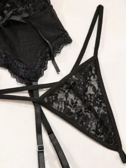 Lingerie Hosiery Bodystockings Sexy Black Floral Print Cut Out 3-Piece Sets