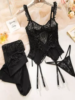 Lingerie Hosiery Bodystockings Sexy Black Floral Print Cut Out 3-Piece Sets