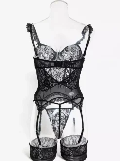Lingerie Hosiery Bodystockings Sexy Black Floral Print Cut Out 3-Piece Sets