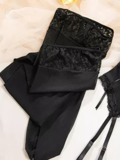 Lingerie Hosiery Bodystockings Sexy Black Floral Print Cut Out 3-Piece Sets