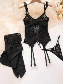 Lingerie Hosiery Bodystockings Sexy Black Floral Print Cut Out 3-Piece Sets