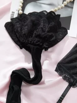Lingerie Hosiery Bodystockings Black Floral Print Nets Sheer 3-Piece Sets