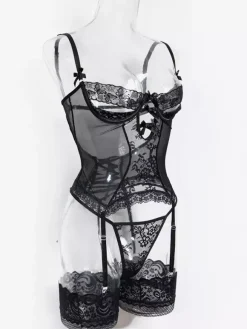Lingerie Hosiery Bodystockings Black Floral Print Nets Sheer 3-Piece Sets