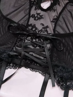Lingerie Hosiery Bodystockings Black Floral Print Nets Sheer 3-Piece Sets