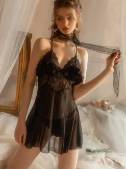 Lingerie Seamless See Through Babydolls Chemises Sexy Indoor Lace Black