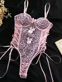 Lingerie Teddies Leopard Print Lace Up Pink Teddies For Women