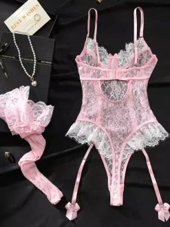 Lingerie Two-Tone Lace Backless Pink Color Block Sexy Teddies With Stockings
