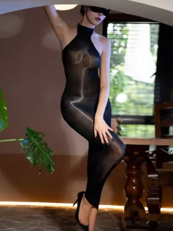 Lingerie Hosiery Bodystockings Black Silky Glossy Strapless Silky Smooth Halterneck Bodystockings