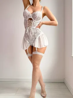 Lingerie Teddies Lace Backless Dark Navy Emerald Green Ruffled Skirt Babydoll With Garter Straps Fishnet Stockings