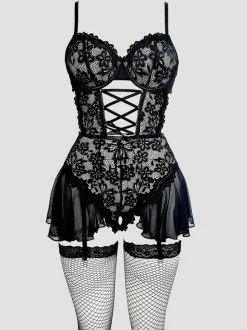 Lingerie Teddies Lace Backless Dark Navy Emerald Green Ruffled Skirt Babydoll With Garter Straps Fishnet Stockings