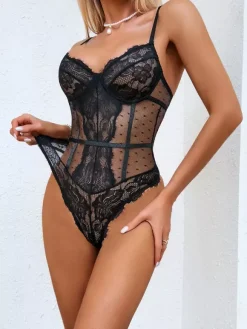 Lingerie Teddies Lace Black Bustier Sheer Mesh Bodysuit
