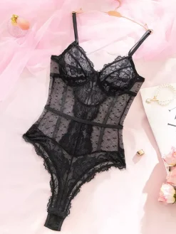 Lingerie Teddies Lace Black Bustier Sheer Mesh Bodysuit