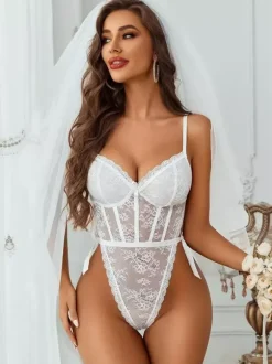 Lingerie Teddies Lace Floral Sheer White Sexy Bodysuit For Women