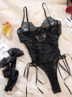 Lingerie Teddies Lace Up Pink Lace With Knee-high Socks