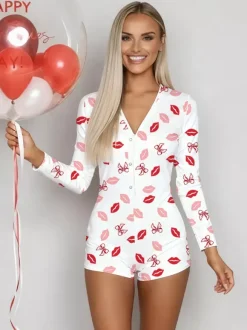 Lips Print Romper Pajamas For Women - Sexy V Neck Long Sleeve Button Front Bodycon Onesie Sleepwear - Valentine's Day 2026