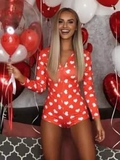 Lips Print Romper Pajamas For Women - Sexy V Neck Long Sleeve Button Front Bodycon Onesie Sleepwear - Valentine's Day 2026