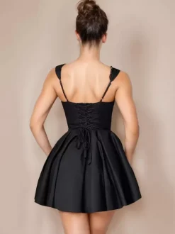 Little Black Dress Tie Front Lace Up Short Swing Dress