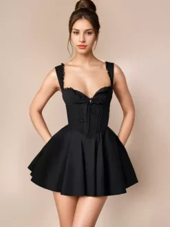 Little Black Dress Tie Front Lace Up Short Swing Dress