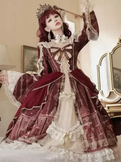 Lolita Dress Baroque Palace Series Retro Wine Red Gorgeous Elegant Royal Dress Square Collar Lace Ribbon Bowknot