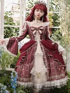 Lolita Dress Baroque Palace Series Retro Wine Red Gorgeous Elegant Royal Dress Square Collar Lace Ribbon Bowknot