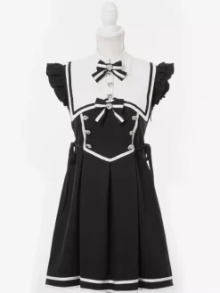 Lolita Dress Ribbon Buttons Sleeveless Lace Trim Dress Subculture Uniform