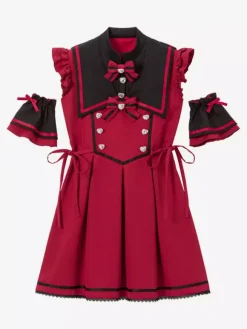 Lolita Dress Ribbon Buttons Sleeveless Lace Trim Dress Subculture Uniform