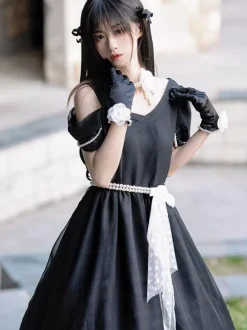 Lolita Specials sweet Lolita Lolita Dresses Costumes Sweet Lolita Dress Polyester Short Sleeves Pearls Dress Navy style Black Lolita Dress