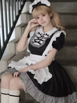 Lolita Sweet Dress Maid Costume For Cosplay Red Velvet Ruffles Uniform