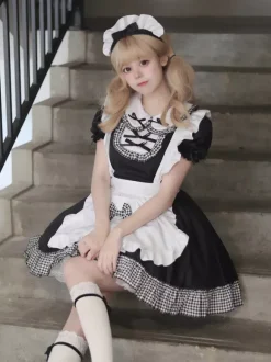 Lolita Sweet Dress Maid Costume For Cosplay Red Velvet Ruffles Uniform