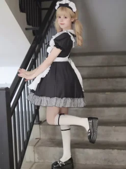 Lolita Sweet Dress Maid Costume For Cosplay Red Velvet Ruffles Uniform