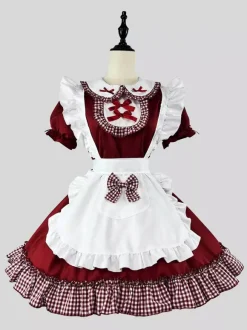 Lolita Sweet Dress Maid Costume For Cosplay Red Velvet Ruffles Uniform