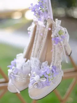 Lolita Wedding Dress Lolita Footwear Purple Color Block Lace Flowers Bows Round Toe PU Leather Lolita Pumps