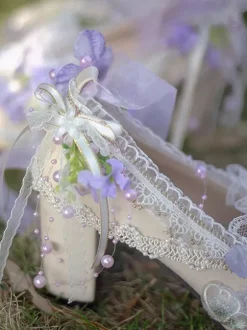 Lolita Wedding Dress Lolita Footwear Purple Color Block Lace Flowers Bows Round Toe PU Leather Lolita Pumps