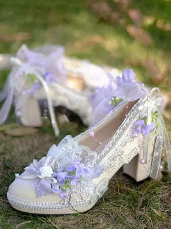 Lolita Wedding Dress Lolita Footwear Purple Color Block Lace Flowers Bows Round Toe PU Leather Lolita Pumps