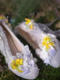 Lolita Wedding Dress Lolita Footwear Purple Color Block Lace Flowers Bows Round Toe PU Leather Lolita Pumps