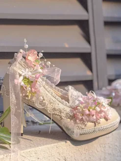 Lolita Wedding Dress Lolita Footwear Purple Color Block Lace Flowers Bows Round Toe PU Leather Lolita Pumps