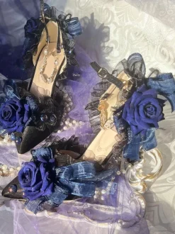 Lolita Wedding Dress Lolita Sandals Bows Flowers Pearls Pointed Toe Elastic Fabric Deep Blue Lolita Summer Shoes