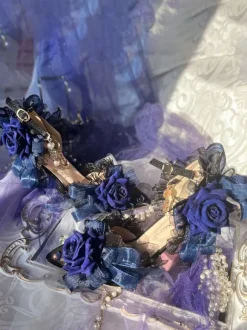 Lolita Wedding Dress Lolita Sandals Bows Flowers Pearls Pointed Toe Elastic Fabric Deep Blue Lolita Summer Shoes