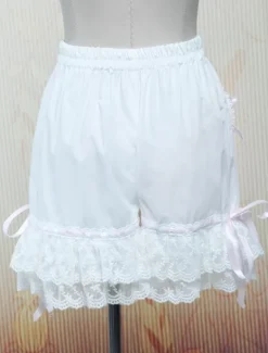 Lolita Bloomers White Cotton Lace Trim Heart Shape Pocket Bow Ribbon