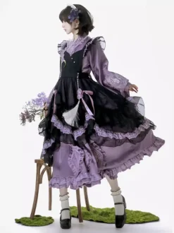 Lolita Dress And Apron Tow-piece Suit Purple Delicate Butterfly And Floral Embroidery Crossover Neckline Lolita Set Dress Apron