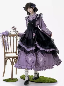 Lolita Dress And Apron Tow-piece Suit Purple Delicate Butterfly And Floral Embroidery Crossover Neckline Lolita Set Dress Apron