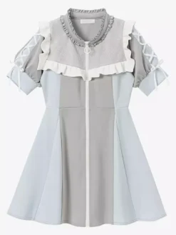 Lolita Dress Mesh Ruffles Collar Short Sleeves Color Block Zipper Coat Dress Subculture Uniform