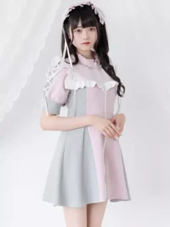 Lolita Dress Mesh Ruffles Collar Short Sleeves Color Block Zipper Coat Dress Subculture Uniform