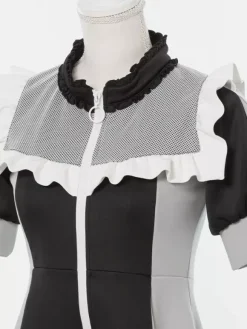 Lolita Dress Mesh Ruffles Collar Short Sleeves Color Block Zipper Coat Dress Subculture Uniform