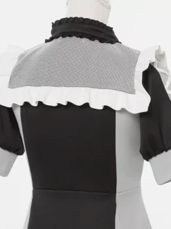 Lolita Dress Mesh Ruffles Collar Short Sleeves Color Block Zipper Coat Dress Subculture Uniform