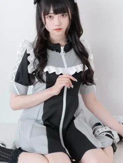 Lolita Dress Mesh Ruffles Collar Short Sleeves Color Block Zipper Coat Dress Subculture Uniform