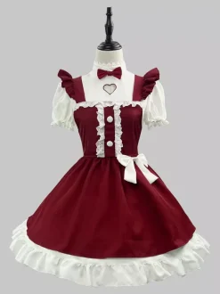 Lolita Maid Christmas Dress Short Sleeve Knee Length Cute Ribbon Cosplay Costume